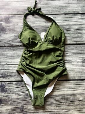Cupshe Olive Green Ruched Halter One-Piece Swimsuit